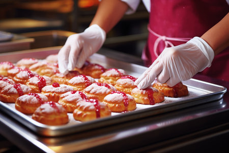 Female chef hands preparing and decorating pink cakes. Women cooking concept. Close-up. Generative AI.の素材