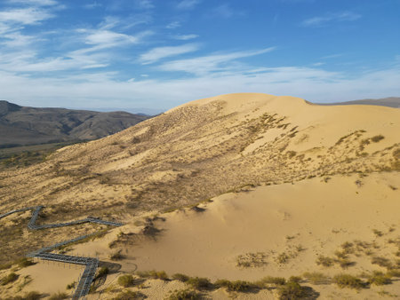 Desert dune in the morning sunlight with blue sky and mountains in the backdrop. Natural background.の写真素材