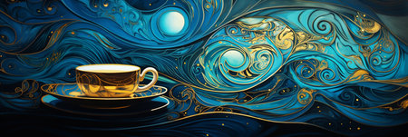 Cup of coffee on natural pattern background. Dark and dreamy feel. Illustration in Art Nouveau style. Web banner. Generative AI.の素材