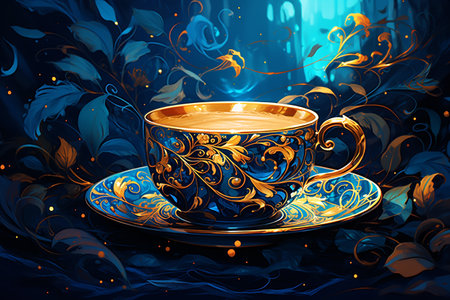 Cup of coffee on natural pattern background. Dark and dreamy feel. Illustration in Art Nouveau style. Generative AI.の素材
