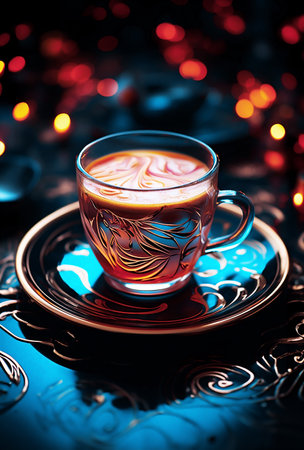 Cup of coffee on dark blue table decorated with golden ornaments and bokeh on background. bokehDark and dreamy feel. Generative AI.の素材