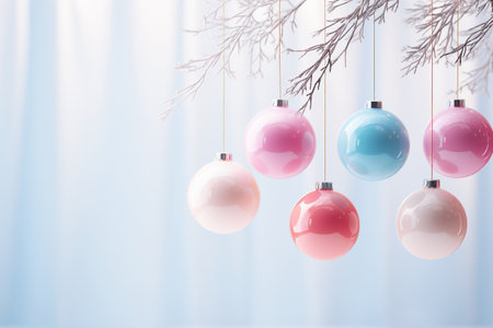 Minimalistic background with seasonal decorations and ornaments. Copy space. Generative AI.の素材