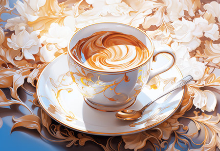 Cup of coffee on natural pattern background. Light and airy feel. Illustration in Art Nouveau style. Generative AI.の素材