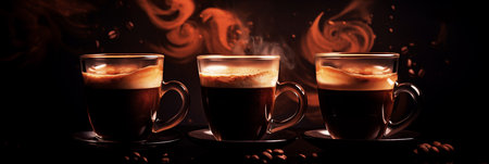 Three steaming cups of coffee on black background with scattered coffee beans. Close-up. Dark food photography. Generative AI.の素材