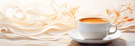 Cup of coffee on natural silk cloth and flowers background. Light and airy feel. Web banner. Illustration in Art Nouveau style. Generative AI.の素材