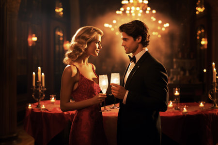 Romantic couple toasting with champagne wearing black dinner jacket and golden dress. Valentine's Day concept. AI generated.の素材
