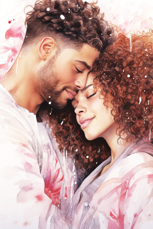 Affectionate pair close-up portrait on pink and white background. Watercolor illustration. Generative AI.の素材