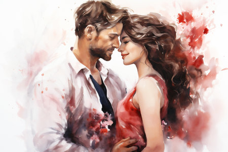 Sweethearts in love set against white canvas with red embellishments. Watercolor illustration. Generative AI.の素材