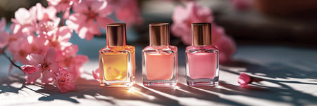 Three bottles of colorful nail polish in pink, peach and yellow with flowers on sunlit background. Professional manicure concept. Web banner. Generative AI.の素材