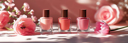 Three bottles of colorful nail polish in different shades of pink with flowers on sunlit background. Professional manicure concept. Web banner. Generative AI.の素材