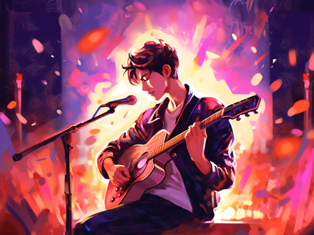 Poster of young asian man singer on stage playing guitar on colorful background. Rock, k-pop or c-pop concert. Generative AI.の素材