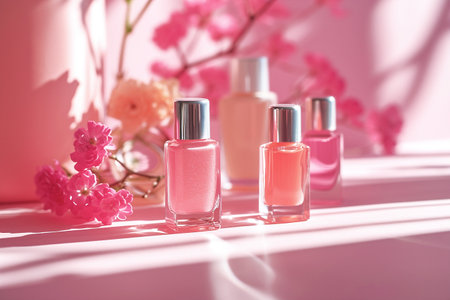 Three bottles of colorful nail polish in different shades of pink with flowers on sunlit background. Professional manicure concept. Generative AI.の素材