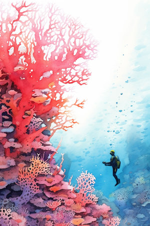 Man scuba diver checking beautiful colorful coral reef with diversity of corals for plastic. World ocean contamination by plastic concept. Generative AI.の素材