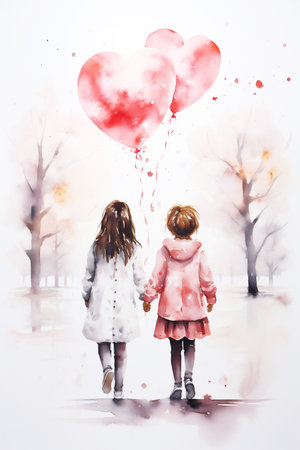 Couple of girls holding hands with red heart shaped balloons in a park. Watercolor illustration. Generative AI.の素材
