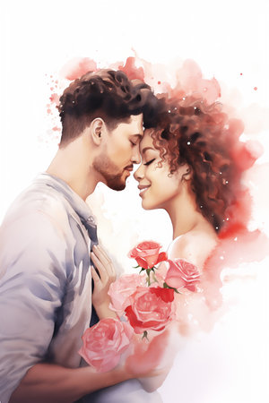 Affectionate pair portrait with pink roses on isolated white background. Watercolor illustration. Generative AI.の素材