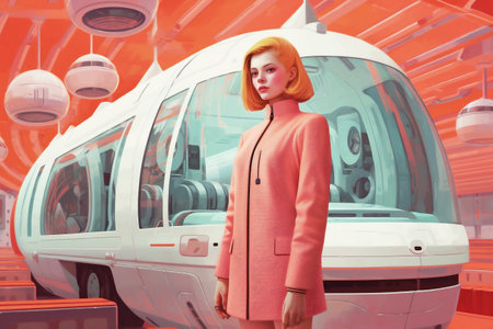 Ginger haired girl dressed in pink jacket in front of futuristic vehicle. Minimalistic illustration in retro futuristic style. Generative AI.の素材