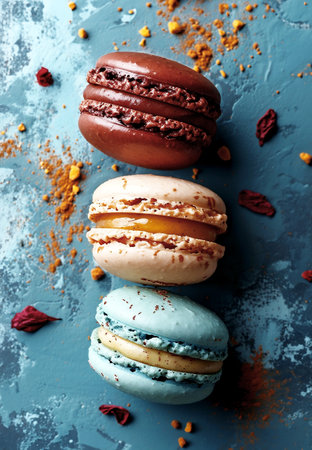 Colorful macarons assorted on blue vintage table background close-up view in flat lay style. French pastry with different flavors. Culinary and cooking concept. Generative AI.の素材