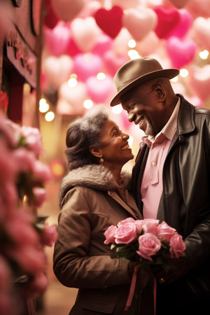 Affectionate senior mixed race couple embraced in a romantic setting of pink flowers and hearts background. Love and affection shared among couples and families on Valentine's Day concept. Generative AI.の素材