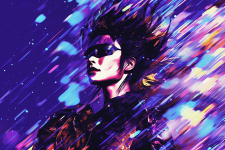 Poster of young asian girl artist or model in neon colors. Rock, k-pop or c-pop concert. Generative AI.の素材