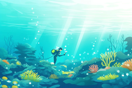 Man scuba diver checking beautiful colorful coral reef with diversity of corals for plastic. World ocean contamination by plastic concept. Generative AI.の素材