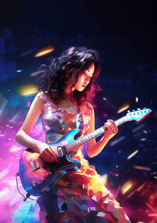 Poster of young asian girl on stage playing guitar on colorful background. Rock, k-pop or c-pop concert. Generative AI.の素材