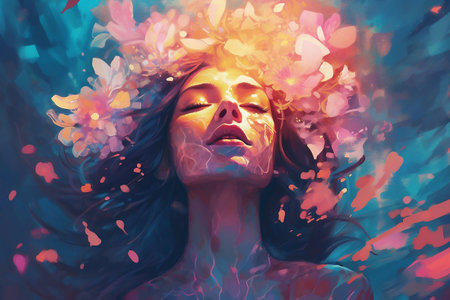 Poster of young caucasian girl artist or model in vivid bright colors. Spring concept. Generative AI.の素材
