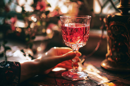 Female hand holding flute of rose champagne on a table with pink flowers in a vintage style. Creative composition for your design. Generative AI.の素材