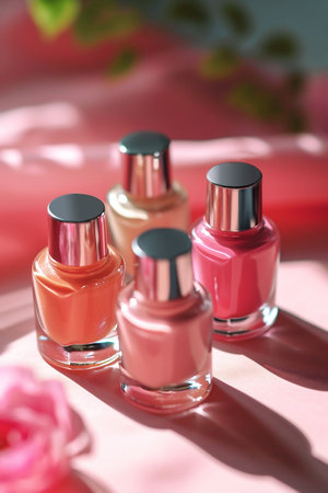 Four bottles of colorful nail polish in pink, peach and yellow with flowers on sunlit background. Professional manicure concept. Generative AI.の素材