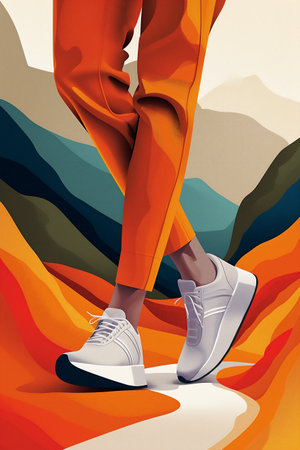 Female legs in white sports shoes walking along mountain path. Copy space. Travelling concept. Minimalistic illustration. Generative AI.の素材