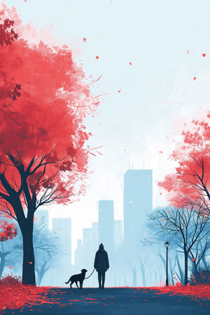 Woman strolling through a city park leading his dog on a leash. Illustration capturing the essence of a peaceful urban dog walk. Generative AI.の素材