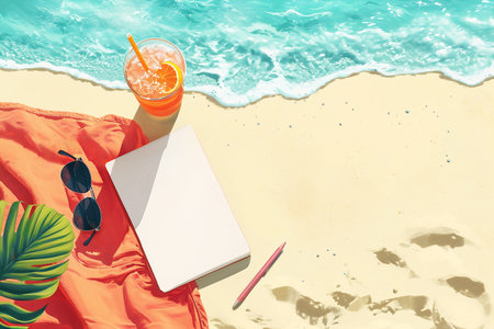 Playful scene with a notepad placed on a sandy beach, surrounded by colorful beach towels, sunglasses, and a refreshing drink. Vacation concept. Minimalistic illustration. Generative AI.の素材