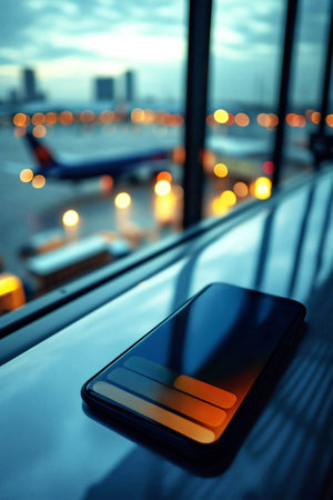 Smartphone with back display on the table in the airport or office building. Copy space, allowing users to envision their personalized travel plans. Travelling concept. Generative AI.の素材