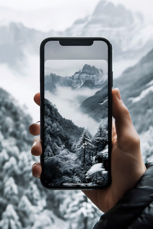 Traveller taking pictures of beautiful scenery with a mobile phone in one hand. Travelling and vacation concept. Generative AI.の素材