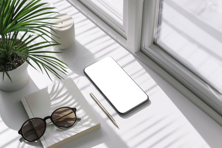 Mockup blank smartphone on white windowsill with office stationary beside it and sunglasses. Sunlight coming from a window. Copy space. Travel plans concept. Generative AI.の素材