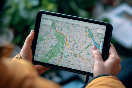 Traveler uses map on tablet app to search for route or location while walking city streets. Copy space. Travel planning concept. Generative AI.の素材