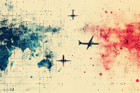 Abstract pattern of world map and airplanes inspired by the concept of business trips and travel planning. Travelling concept. Minimalistic illustration. Generative AI.の素材