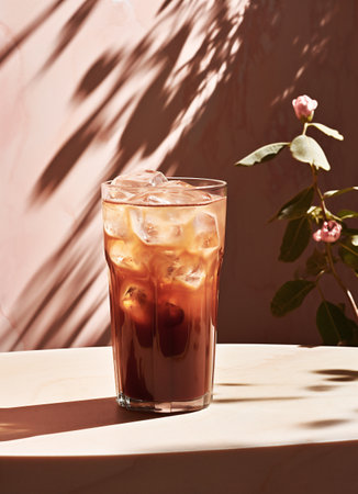 Tall crystal glass of iced coffee or cocktail in sunlight on summer day. Cafe menu concept or any food and drinks design project. AI generated.の素材