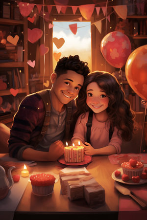 Affectionate couple of teens in a romantic setting of pink hearts, cakes and balloons background. Ideal for Valentine's Day designs, greeting cards, and romantic visuals. AI generated.の素材