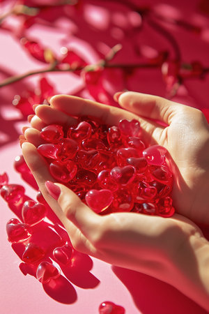 Delicate hands of a young girl holding heart-shaped pink lollipops. Vibrant, festive image full of sweetness and joy. Love and celebration concept. AI generated.の素材