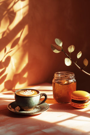 Ceramic cup of cappuccino and macaron pastry and jam jar nearby in sunlight on summer day, casting beautiful shadows. Cafe menu concept or any food and drinks design project. AI generated.の素材