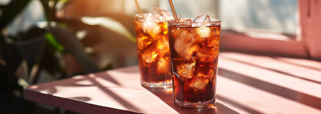 Minimalistic studio shot featuring sunlit cold summer iced tea or coffee in tall glasses near window. Cafe menu concept or drinks design project. AI generated.の素材