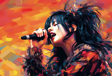 Poster of young asian female singer singing into microphone on red and black background. Rock, k-pop or c-pop concert. Generative AI.の素材