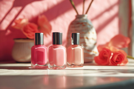 Three bottles of colorful nail polish in different shades of pink with tropical flowers on sunlit background. Professional manicure concept. Web banner. Generative AI.の素材