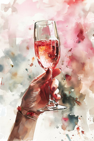 Female hand holding flute of rose champagne against the painted multicolor background in a vintage style. Creative composition with copy space. Generative AI.の素材