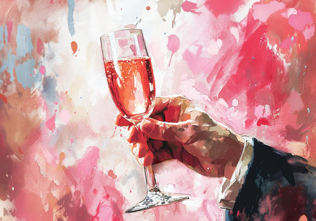 Male hand holding flute of rose champagne against the painted multicolor background in a vintage style. Creative composition with copy space. Generative AI.の素材