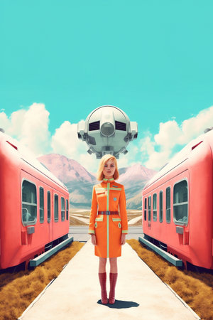 Blond girl dressed in orange dress in front of futuristic vehicles on a bright summer day. Minimalistic illustration in retro futuristic style. Generative AI.の素材