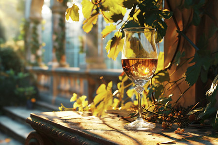 Crystal glass of sparkling wine or champagne on a table at sunlit summer terrace in a vintage style. Summer drinks concept. Creative composition for your design. Generative AI.の素材