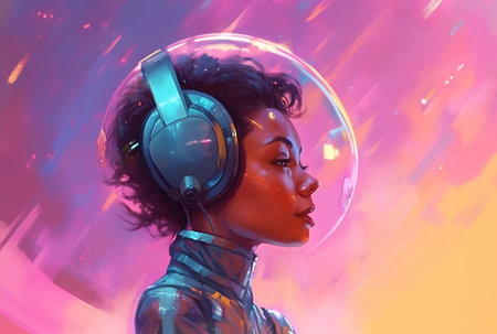 Poster of young mixed race girl artist or model in neon colors. Creative retro futuristic cyberpunk style. Generative AI.の素材