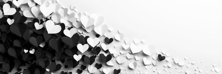Abstract composition featuring white and black paper cut hearts forming a captivating background in flat lay style. Ideal for design projects related to love, romance and emotions. Generative AI.の素材