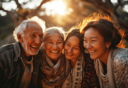 Family consisting of elderly parents and two adult daughters enjoying spring day in the park. Design for advertisements promoting family-friendly products or services. Generative AI.の素材